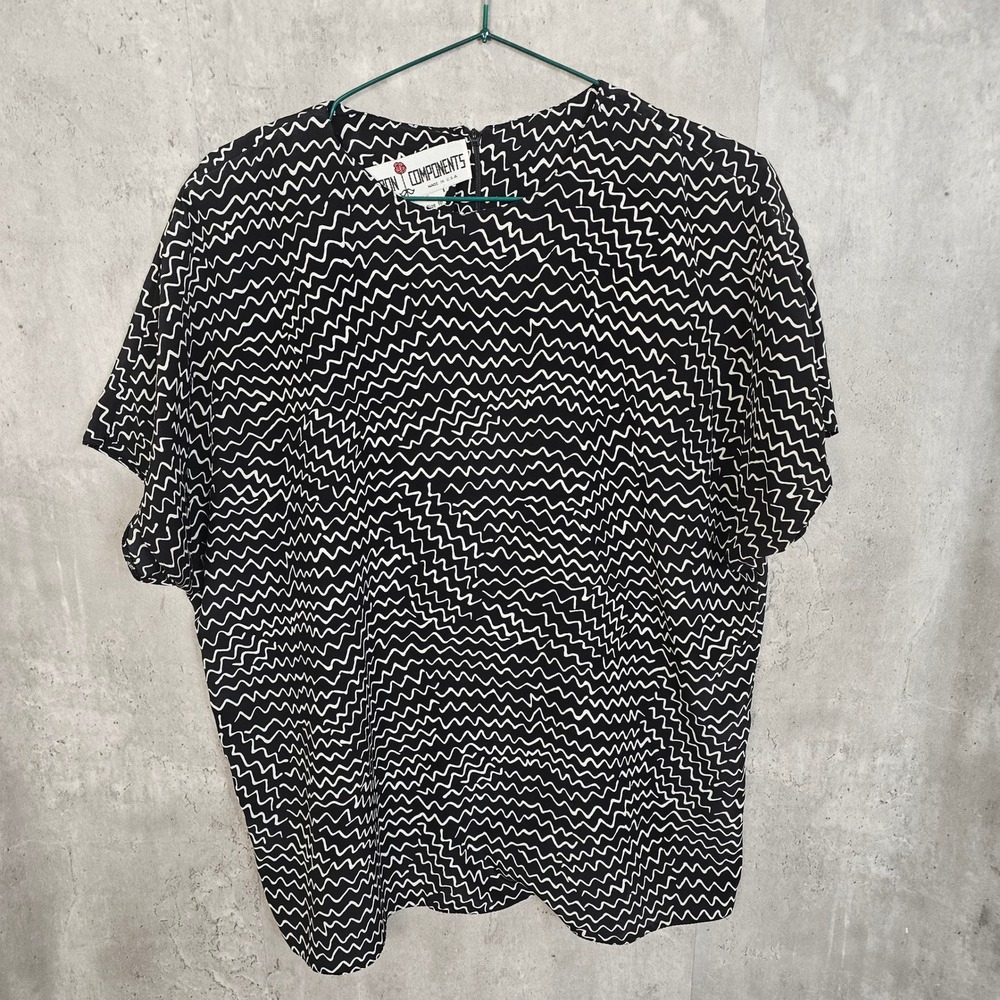 Vintage 80s Caron Components‎ Blouse Black White Squiggle Print Top USA Op Art